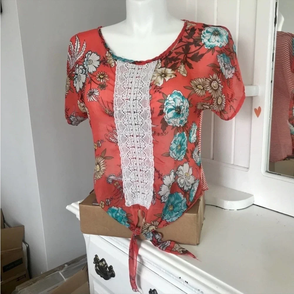 About a Girl... Lace Striped Floral Tie Front Top Orange White Blue Size L